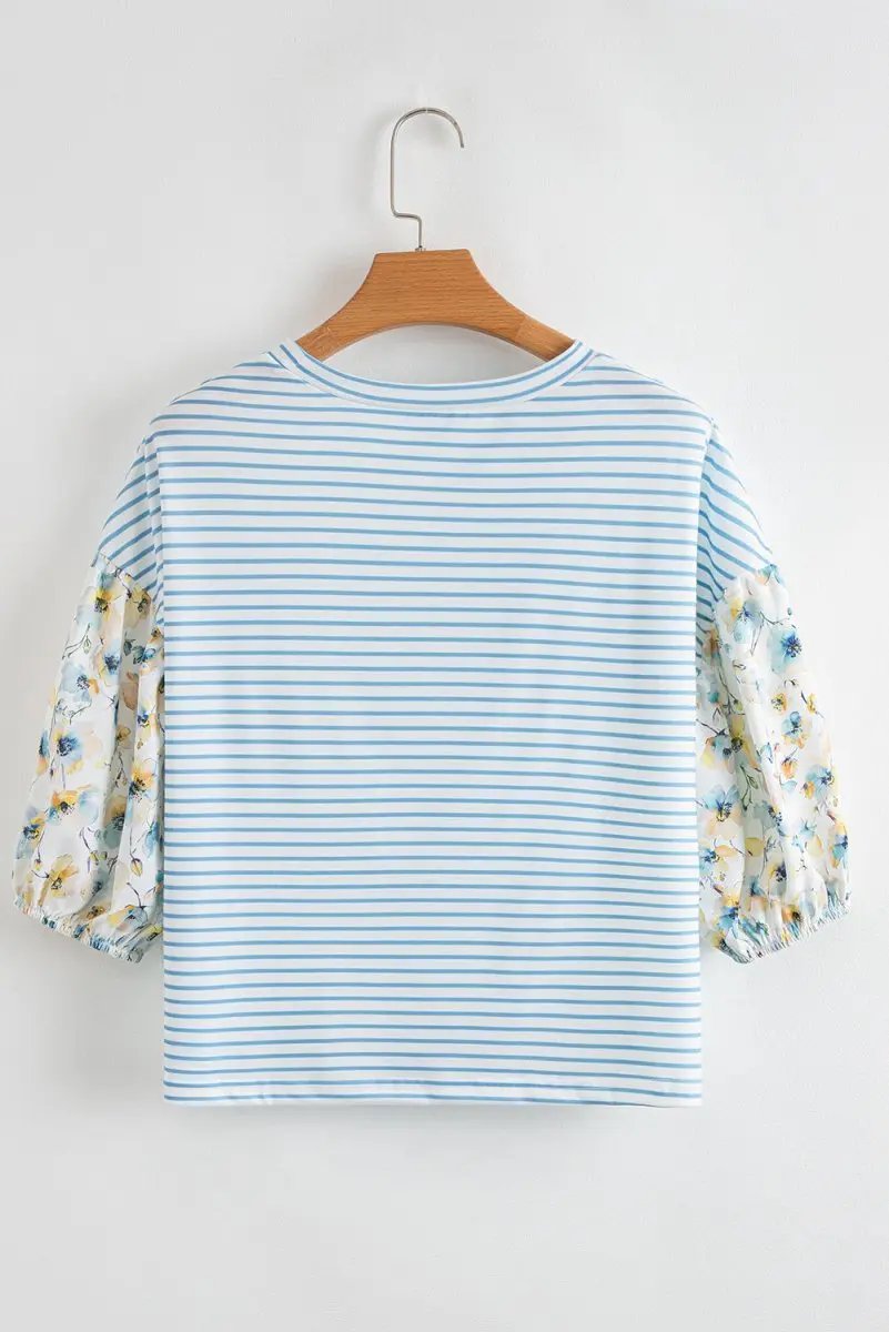 Sky Blue Stripe Three Quarter Floral Puff Sleeve Patchwork Drop Shoulder Top - Love Salve
